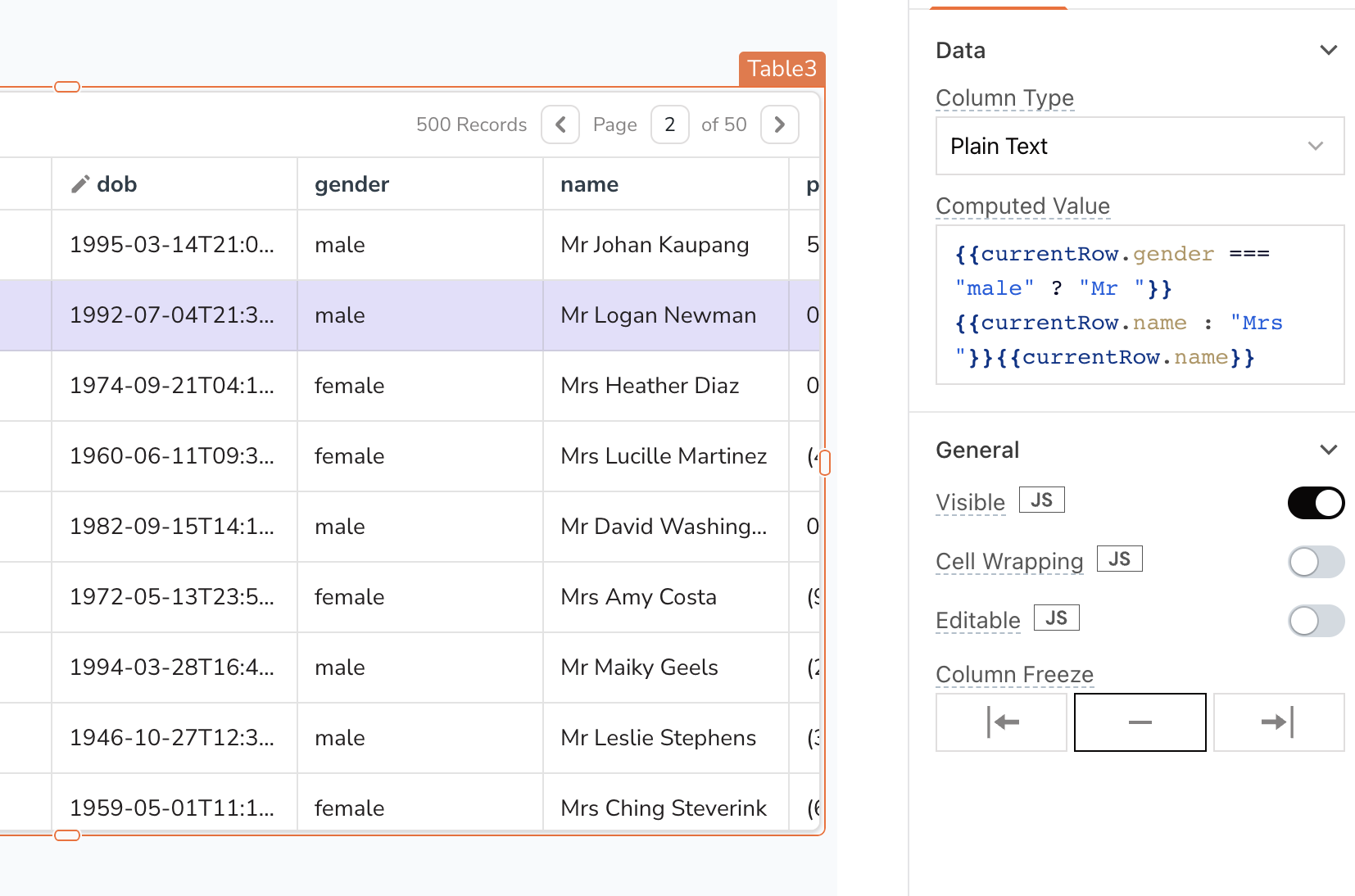 Display images on table row selection